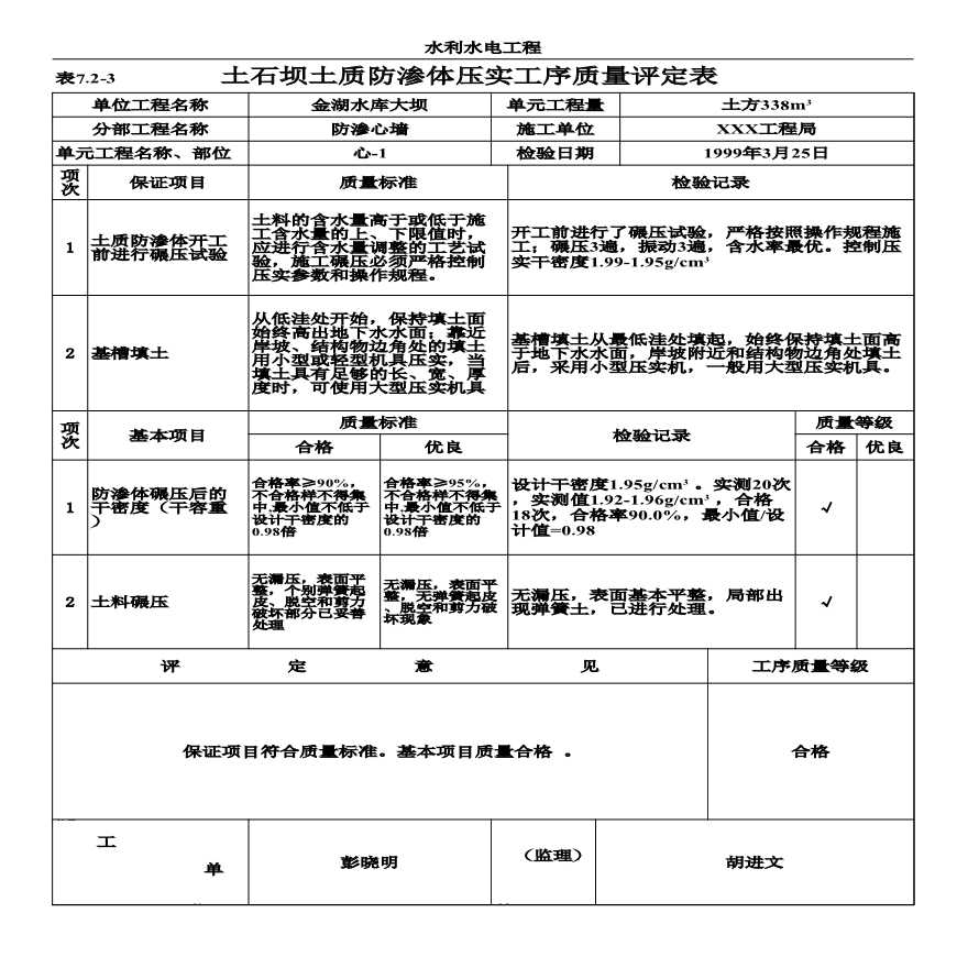 表7.2-3 土石坝土质防渗体压实工序质量评定表（例表）.xls-图一