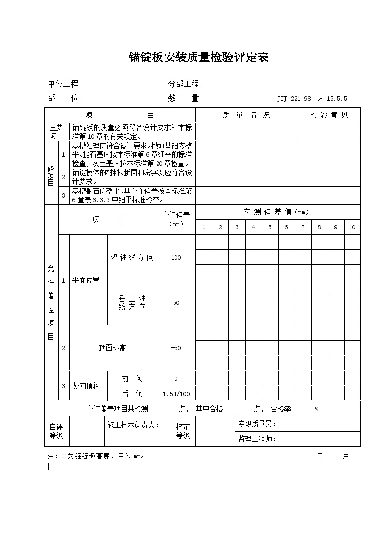 15.5.5 锚锭板安装质量检验评定表-港口工程.doc-图一