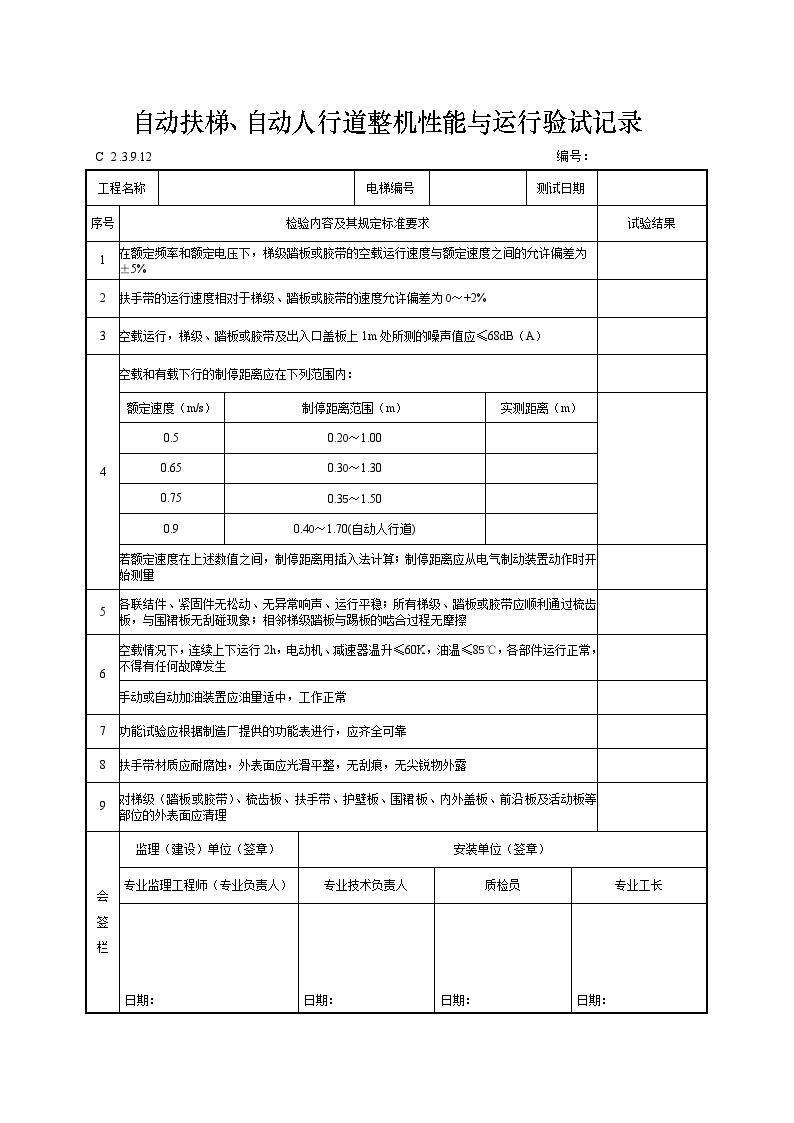 自动扶梯、自动人行道整机性能与运行验试记录.doc