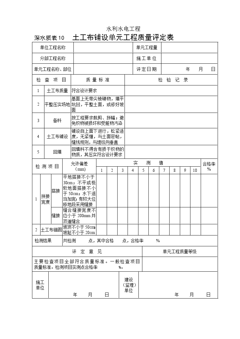 深水质表10土工布铺设单元工程质量评定表.doc-图一