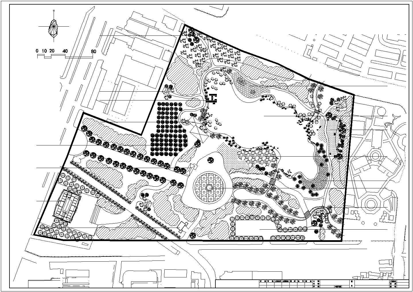 某大型公园规划绿化设计cad总平面施工图纸（标注详细）