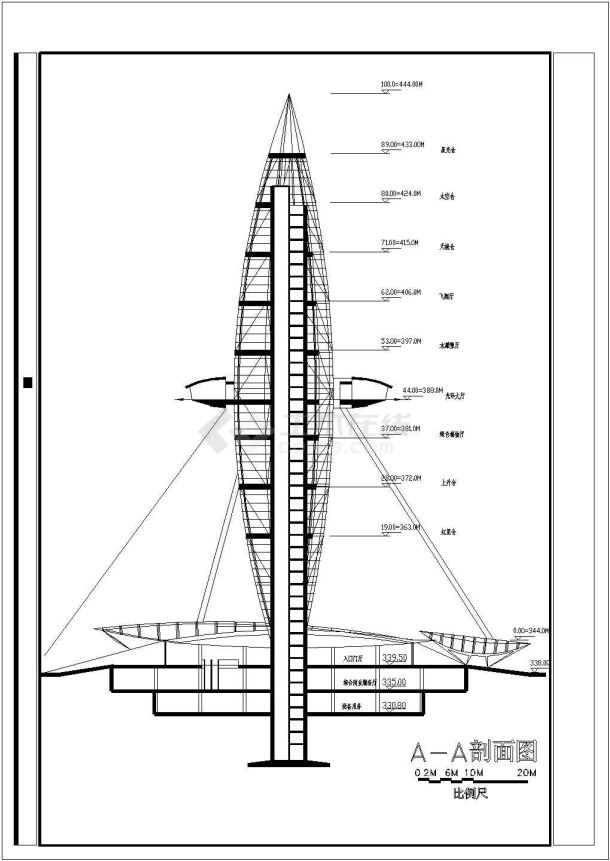 某多层框架结构观光塔设计cad建筑方案图（标注详细）-图二