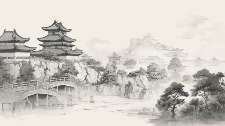 中式楼阁山水壁纸壁画 (2).jpeg-图一
