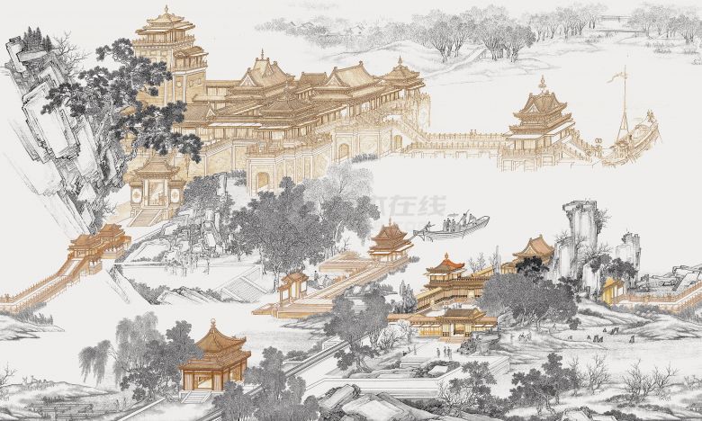中式楼阁山水壁纸壁画 (6).jpeg-图一