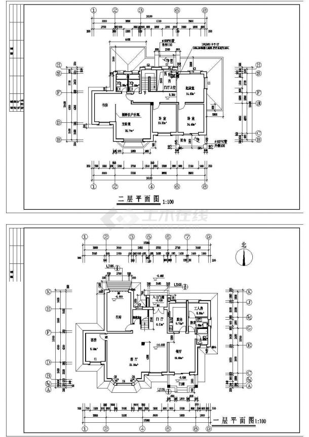 三层别墅建筑施工cad图(含平面图，共五张)-图二