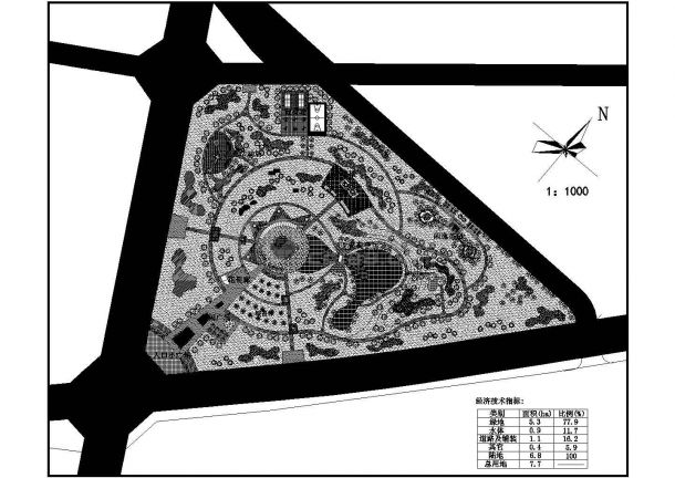 某三角形地块中心绿地（总用地面积7.7ha）规划设计cad总平面施工图（含经济技术指标）-图一