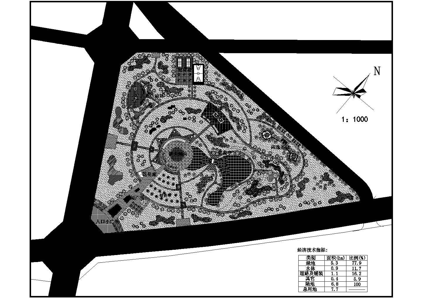 某三角形地块中心绿地（总用地面积7.7ha）规划设计cad总平面施工图（含经济技术指标）