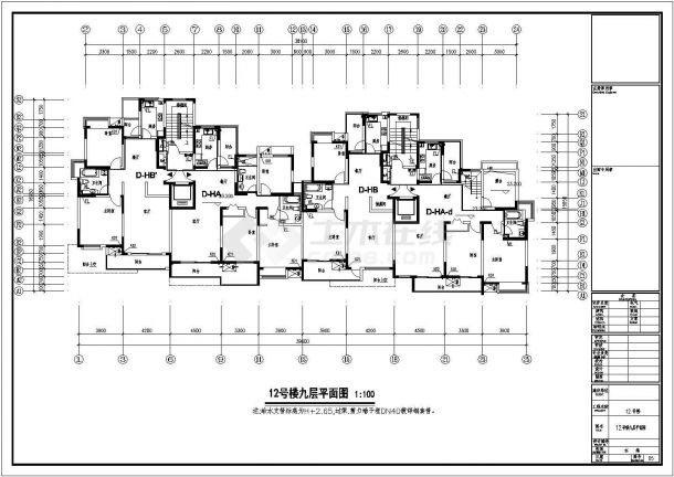 某十二层带跃层住宅楼给排水施工CAD图纸-图一