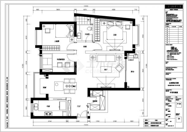 120平米三室两厅全套装修设计施工图-图二