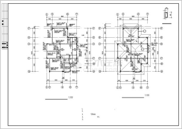 欧式二层住宅别墅建筑结构施工设计cad图纸，共9张-图一