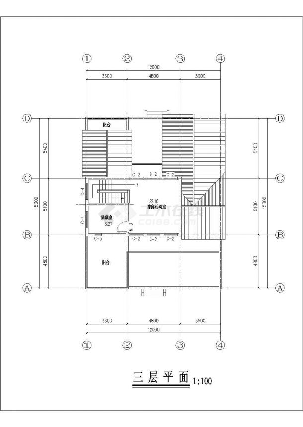 烟台市福阳新村某3层砖混结构乡村别墅建筑设计CAD图纸-图二