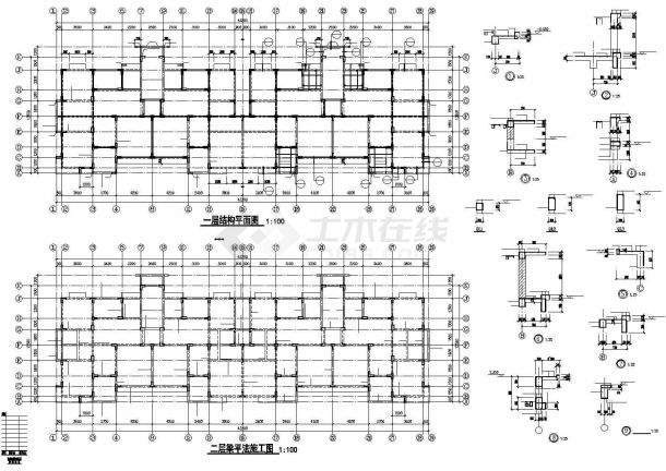 7+1阁楼层异形柱框架住宅楼结构施工图（长43.2米 宽13.5米 ）-图一