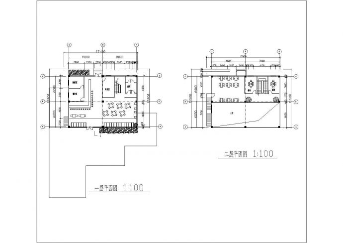 某长17.4米 宽13.9米 二层咖啡馆CAD建筑方案图（有总平无屋顶平面）_图1