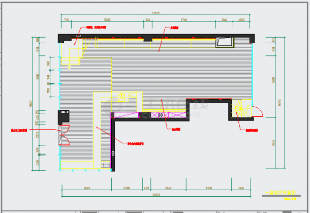 某长13.965米 宽9.867米 二层西餐厅室内CAD设计方案（一二层的平面布置 尺寸定位 地坪布置 天花布置 插座点位 内立面）-图一