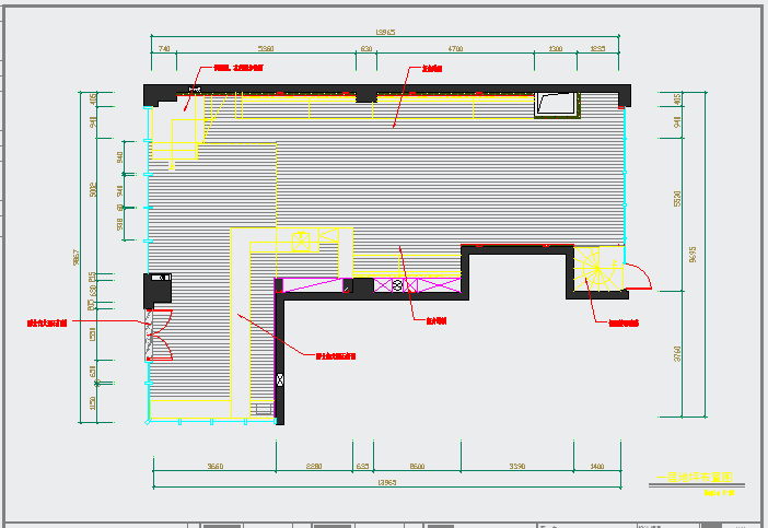 某长13.965米 宽9.867米 二层西餐厅室内CAD设计方案（一二层的平面布置 尺寸定位 地坪布置 天花布置 插座点位 内立面）