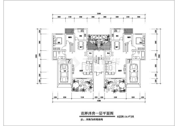 潮州市某现代化小区4层砖混结构双拼式住宅楼平面设计CAD图纸-图一
