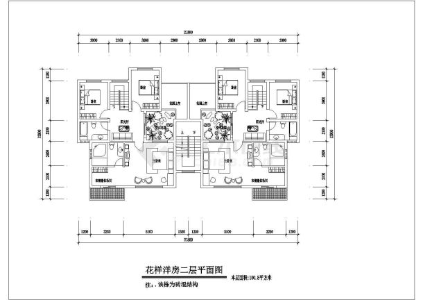 潮州市某现代化小区4层砖混结构双拼式住宅楼平面设计CAD图纸-图二