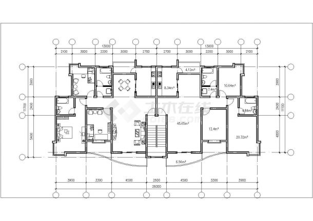 渭南市建华家园小区高层住宅楼标准层平面设计CAD图纸（3张/1梯2户）-图一