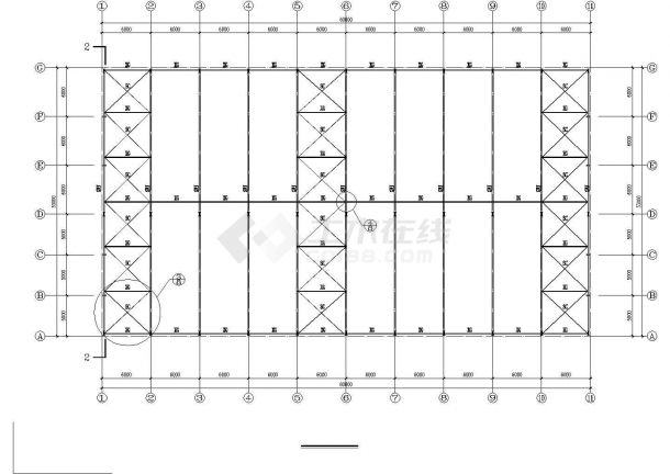 1980平方米跨钢结构厂房结构施工设计cad图，共6张-图一