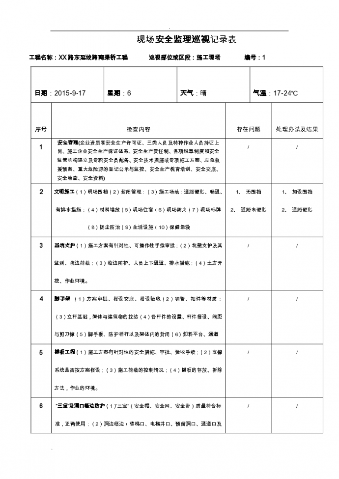 桥梁工程现场安全监理巡视记录表_图1