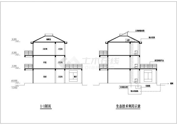 常州市某别墅区3层砖混结构两户双拼式别墅住宅楼建筑设计CAD图纸-图一