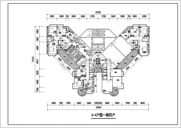 武汉市秦阳花园小区住宅楼的标准层平面设计CAD图纸（1梯4户型/3张）-图一