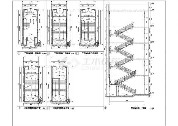 长江大学石油科技中心楼梯五层平面结构施工cad图，共十六张-图二