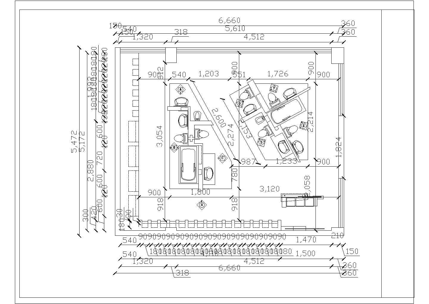 某长6.66米 宽5.472米 洁具展示会装修图纸-洁具展厅CAD室内装修设计图【平面图 室内立面图】
