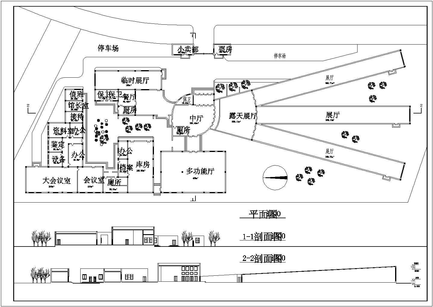 某3086平米1层博物馆建筑CAD初步方案设计图【平面 2立2剖 总平 入口透视 工作区轴测（图纸简单）】