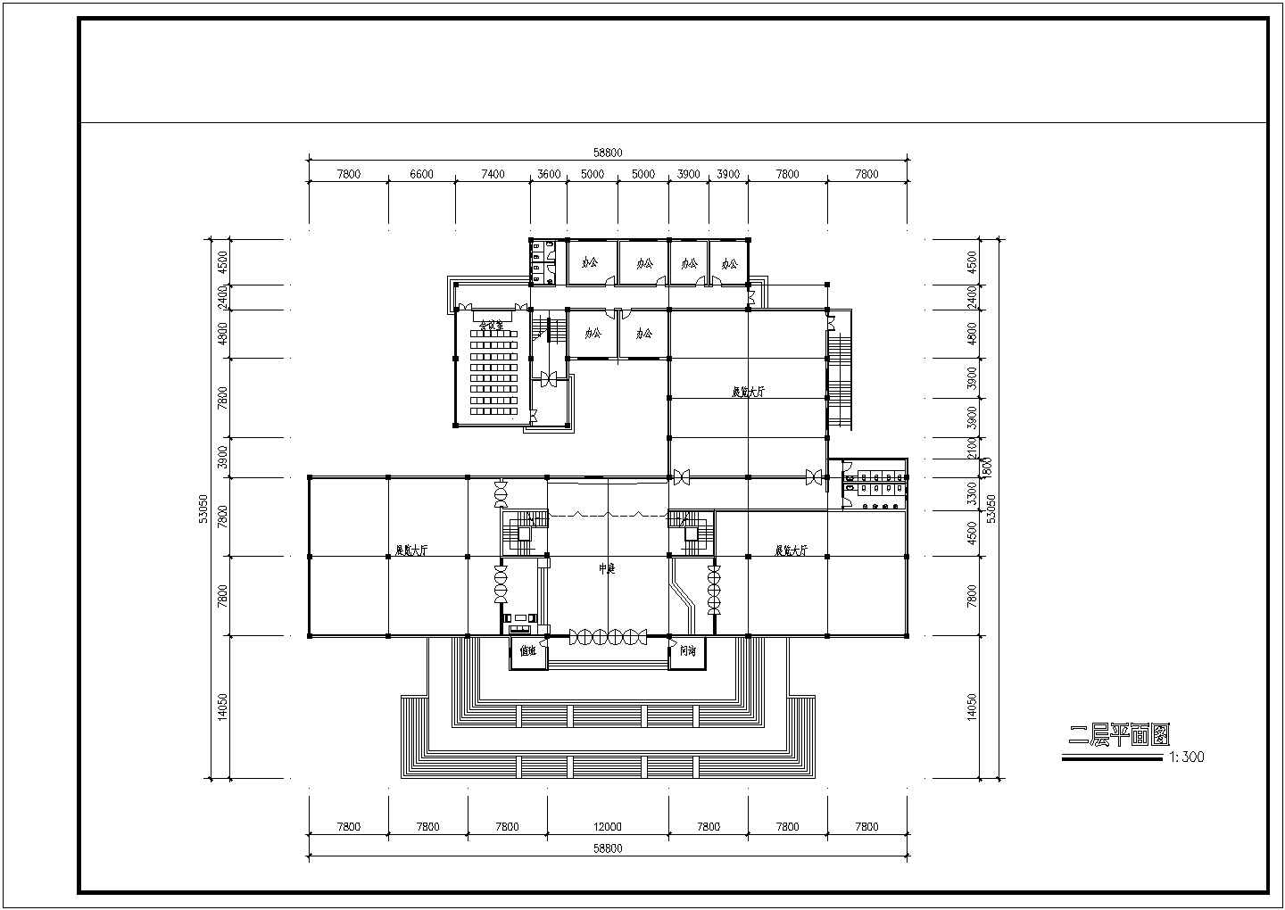 某长58.8米 宽53.05米 5层县文化艺术中心博物馆建筑CAD方案设计图【各层平面 1立面 平面布置图】