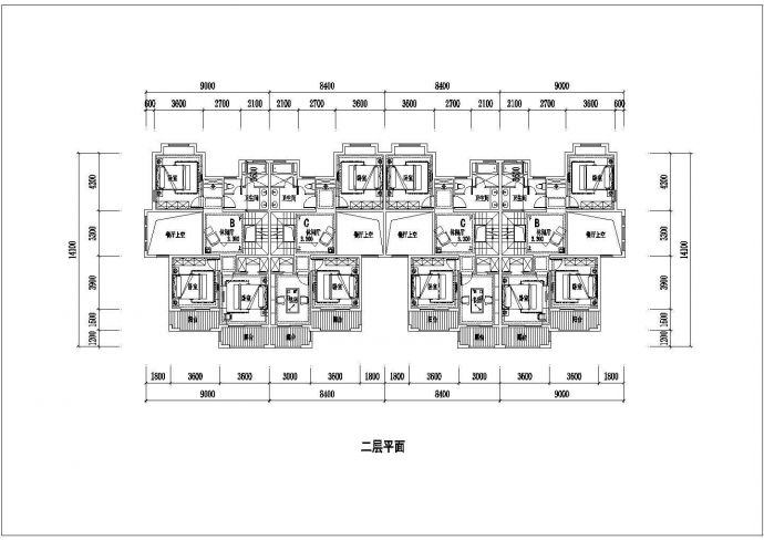 某四拼联排户型住宅楼设计cad建筑平面方案图_图1