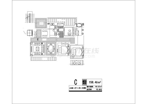 典型三房大户型住宅设计cad建筑平面方案图-图二