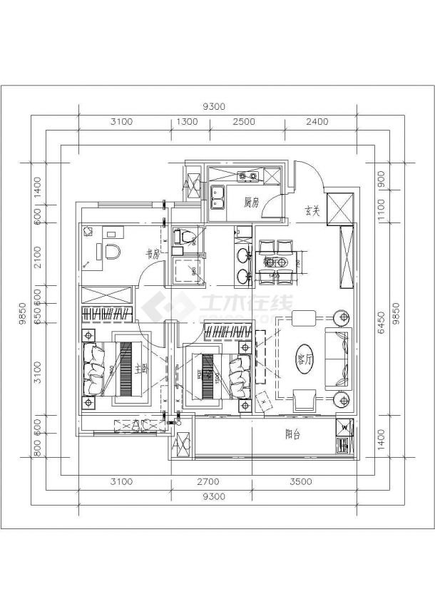 某高档住宅楼户型设计cad建筑平面方案图-图二