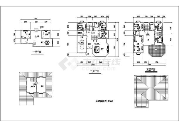 某三层框架结构私家别墅设计cad建筑平面方案图（含2套设计）-图二