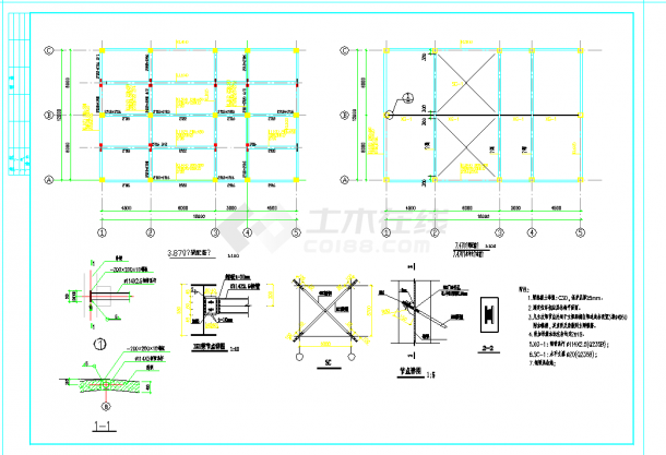 某地湖田餐厅框架结构施工图CAD图纸-图一
