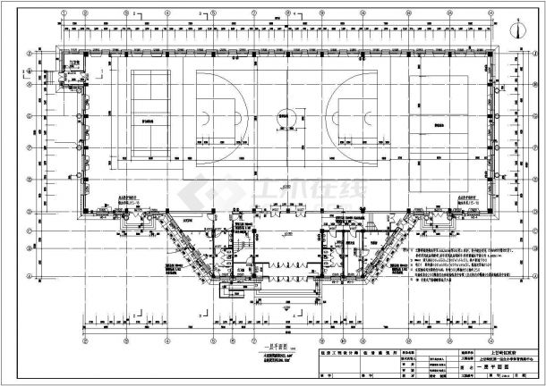 上甘岭市某实验小学2500平米3层框架结构体育中心建筑设计CAD图纸-图一