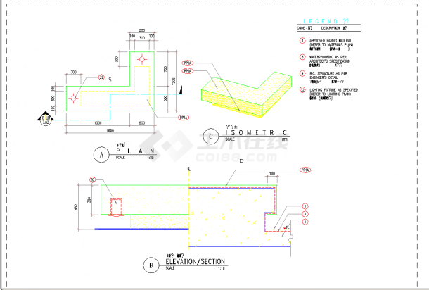 某公园内休闲凳池设计cad建筑施工详图（英文标注）-图一