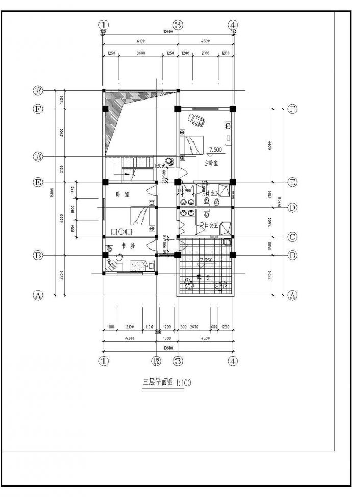 某联排住宅区三层住宅平面CAD建筑设计施工图_图1