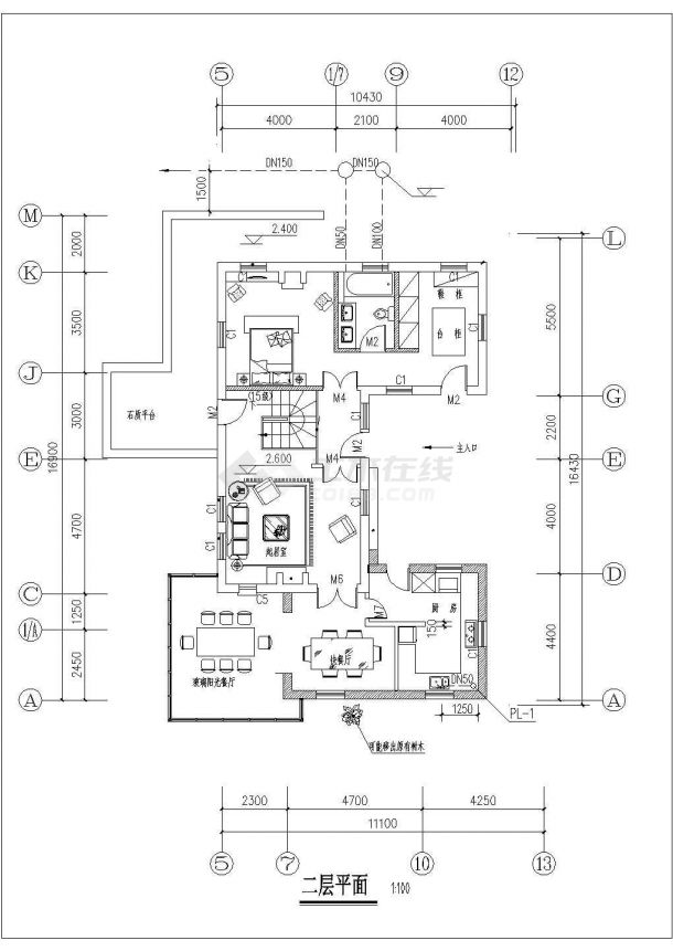 青岛市紫竹花园小区2层砖混结构休闲别墅给排水设计CAD图纸-图二