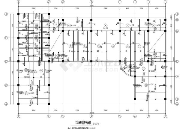 长38.7米宽23.8米3层框架凹形办公综合楼结构施工图-图二