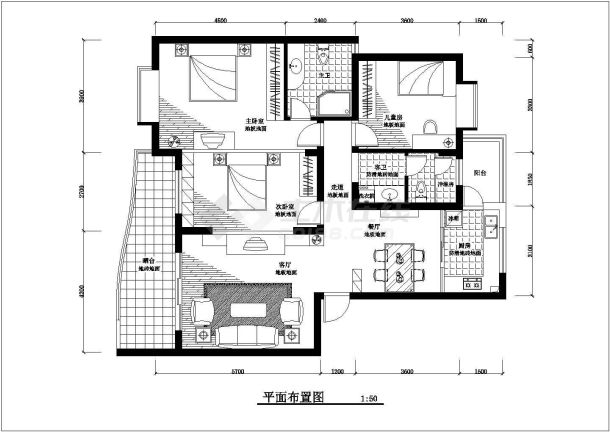 大三居室室内家装设计方案施工CAD图-图二