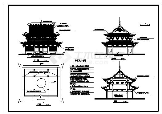 寺庙古设计_某单层寺庙古建筑施工cad图，含效果图-图二