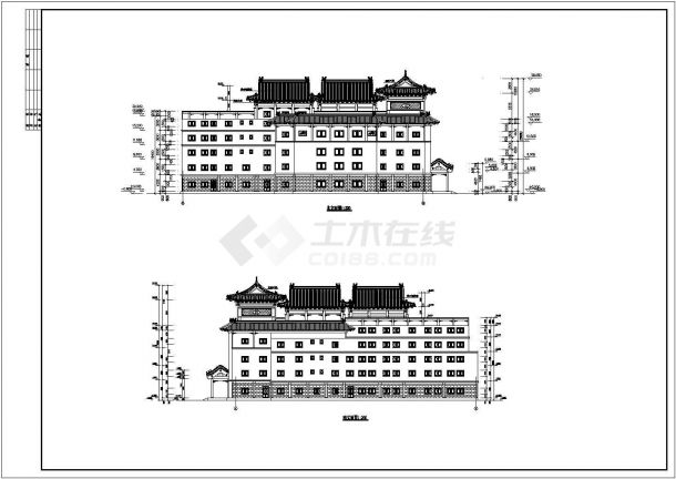 上海市某5层框架结构高档商务大酒店立剖面设计CAD图纸（含观光层）-图二