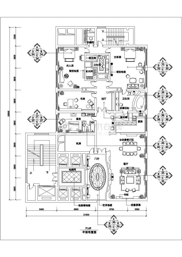 嘉兴市某四星级大酒店内部总统套房全套装修装饰设计CAD图纸-图二