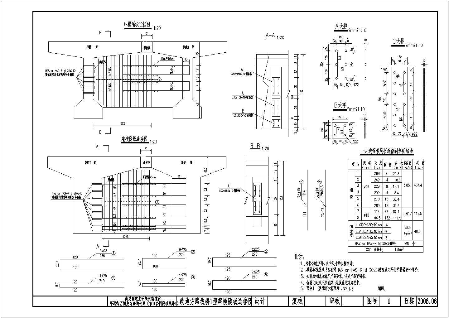 标准跨径20米预应力混凝土t形梁桥设计图纸(含计算书)