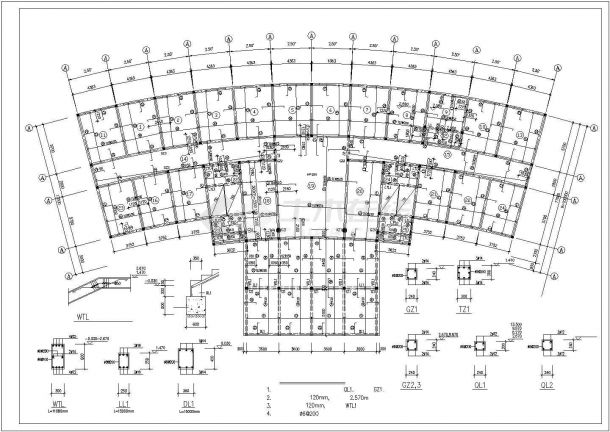 某地区扇形布置砖混结构办公楼设计施工CAD图纸-图一