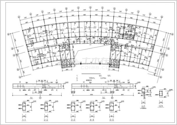 某地区扇形布置砖混结构办公楼设计施工CAD图纸-图二