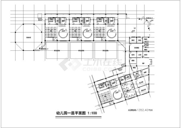 太原市某社区2700平米2层框架结构现代化幼儿园平立剖面设计CAD图纸-图二