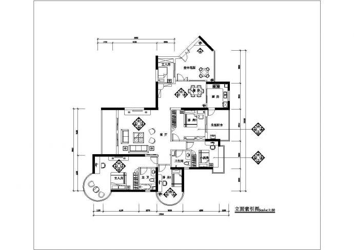 某地四房两厅住宅装饰CAD基础平面布置参考图_图1