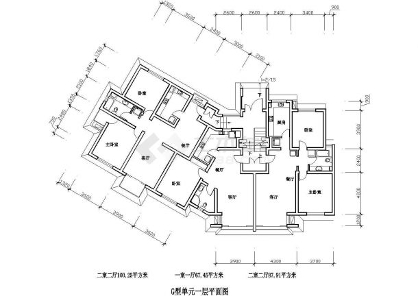 太原市某居住区100+67+87平米住宅楼标准层平面设计CAD图纸（1梯3户）-图一